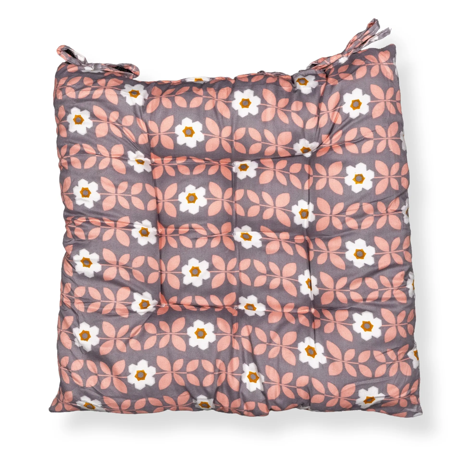 Stolehynde - 35x35x6 cm - Grå havehynde med rosa og hvide blomster - Blød komfort hynde