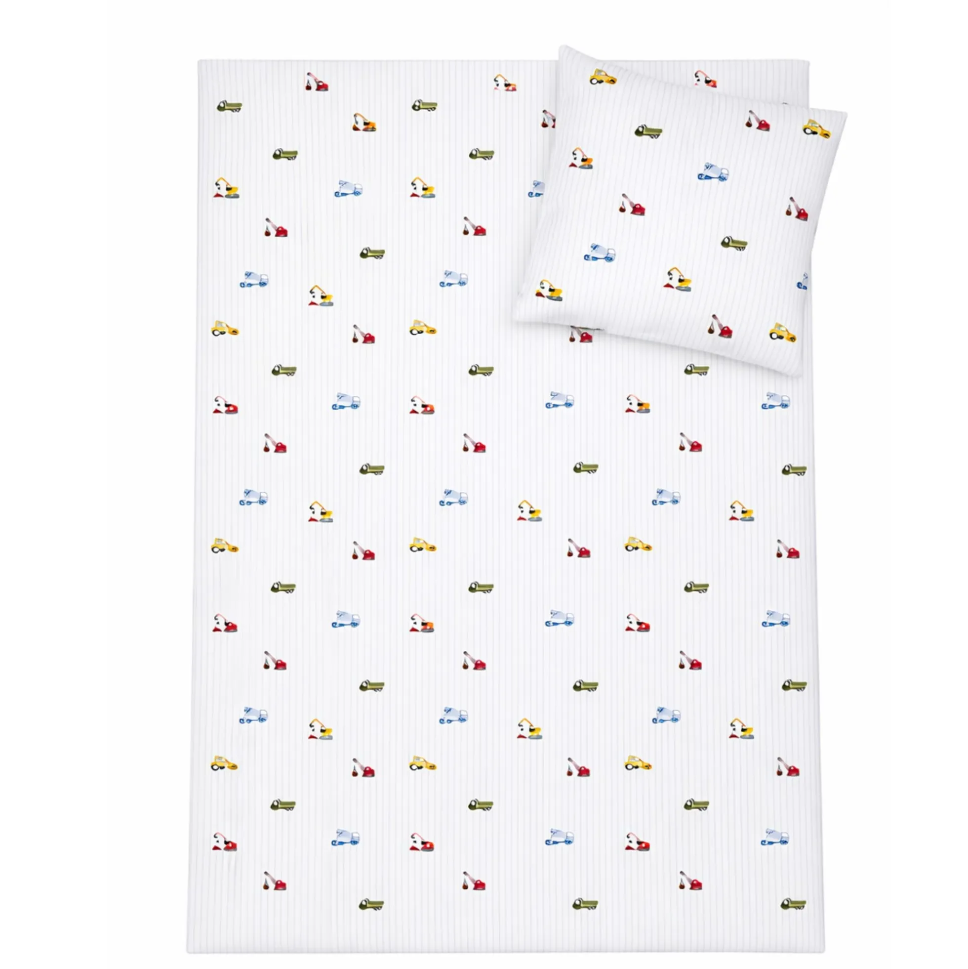 Stribet arbejdsmaskine sengetøj - 100% bomuld - Junior sengetøj 100x140 cm - Hvid med blå striber og arbejdsmaskiner