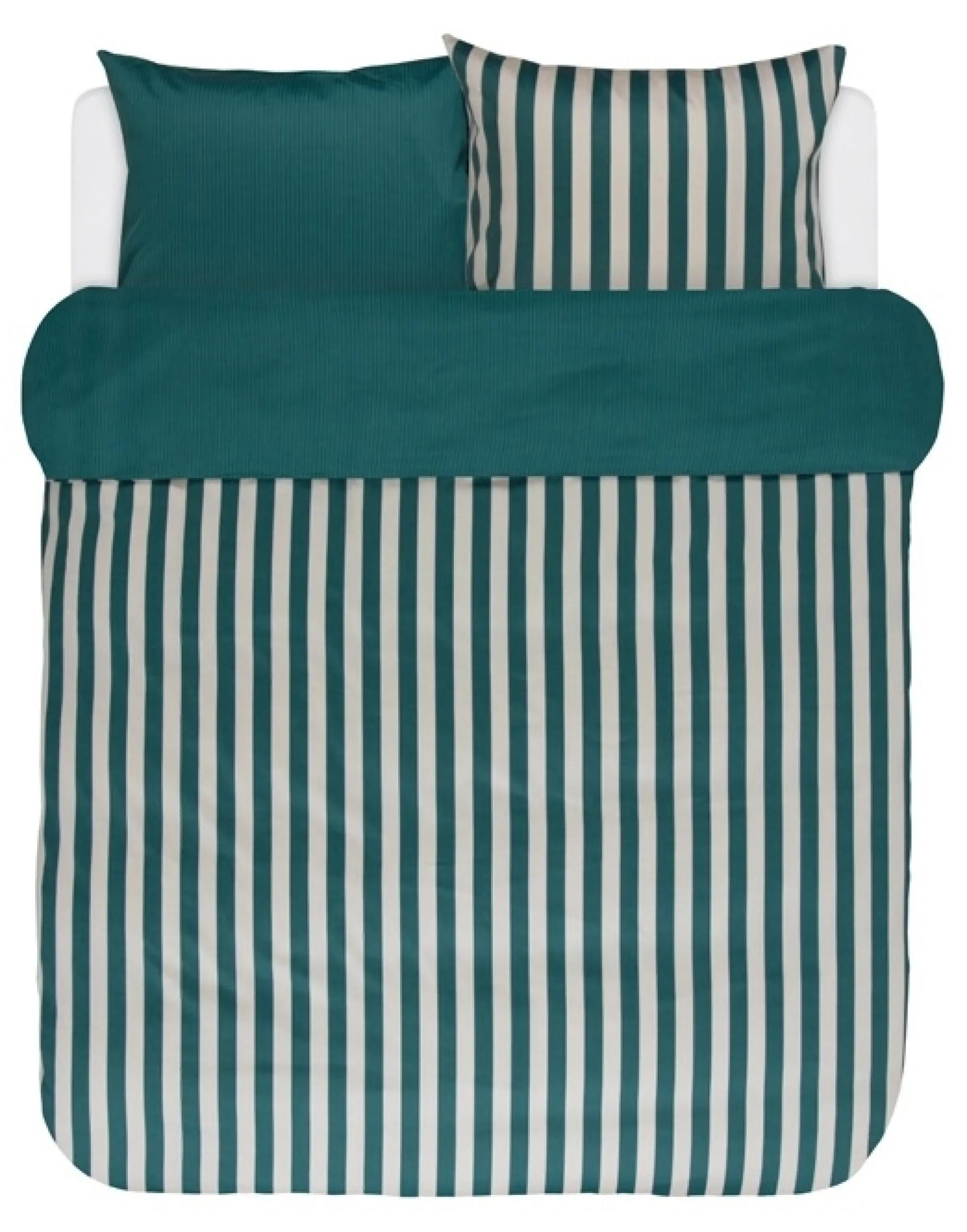 Stribet sengetøj 140x220 cm - Pine green - Vendbar dynebetræk - 100% Bomuldssatin sengesæt - Marc O'Polo