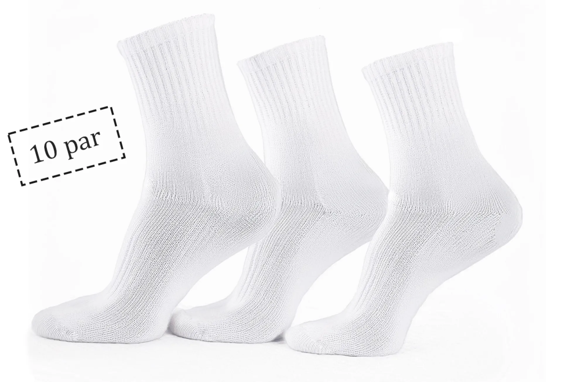 Tennissokker - 10 par hvide tennisstrømper med ribkant - Str. 43-47 - Unisex