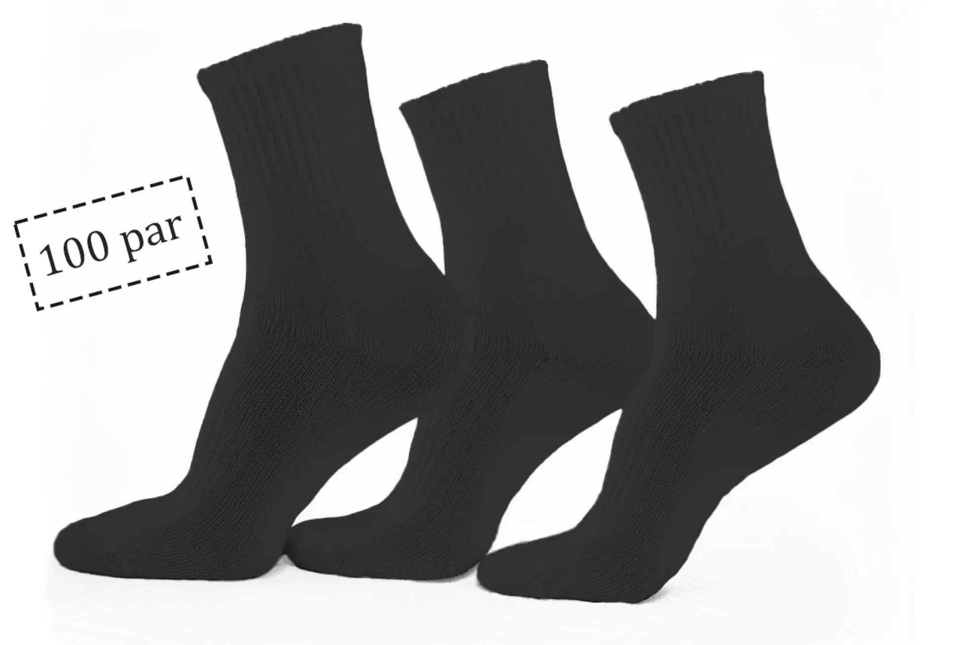 Tennissokker - 100 par sorte tennisstrømper med ribkant - Str. 43-47 - Unisex
