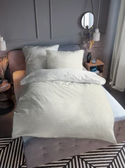 Ternet sengetøj 140x200 cm - Stribet Sengelinned i 100% bomuld - Beige - Vendbart design - Tom Tailor