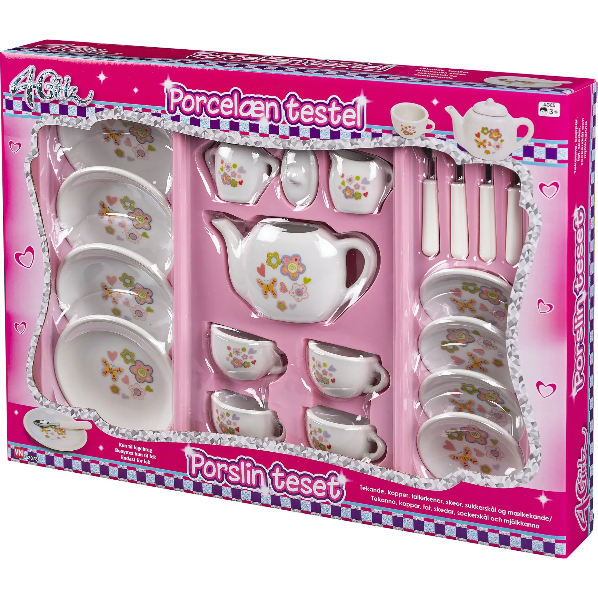 Tesæt i porcelæn med kopper, tallerkener og tekande - 21 dele