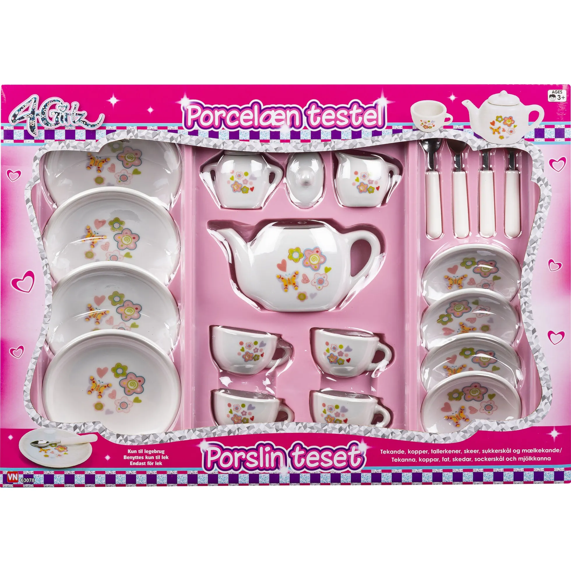 Tesæt i porcelæn med kopper, tallerkener og tekande - 21 dele