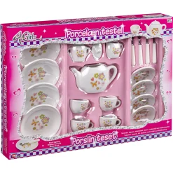Tesæt i porcelæn med kopper, tallerkener og tekande - 21 dele