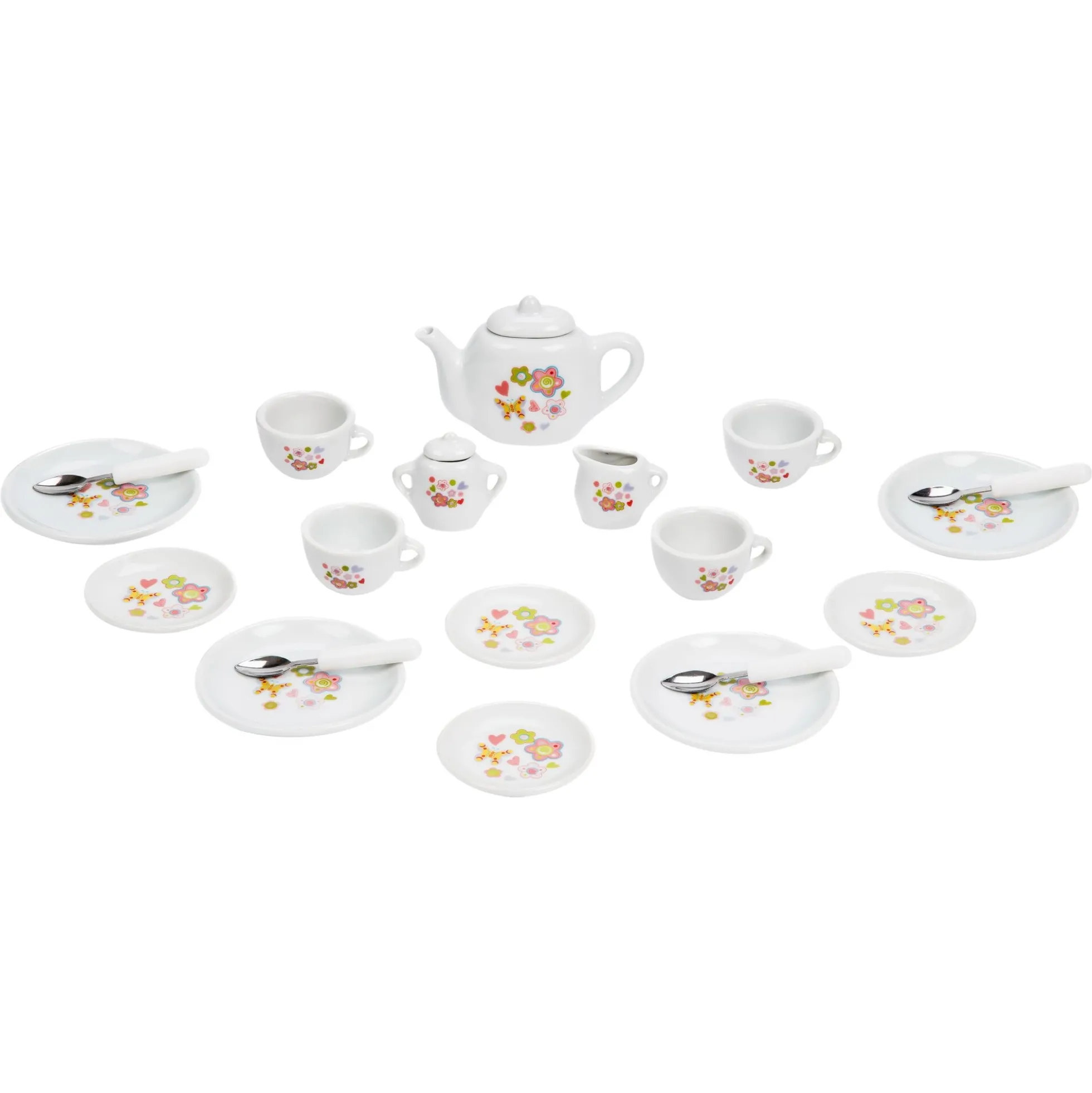 Tesæt i porcelæn med kopper, tallerkener og tekande - 21 dele