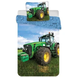 Traktor sengetøj - 100% bomuld - Børnesengetøj 140x200 cm - Grøn traktor - Ikoner på bagsiden