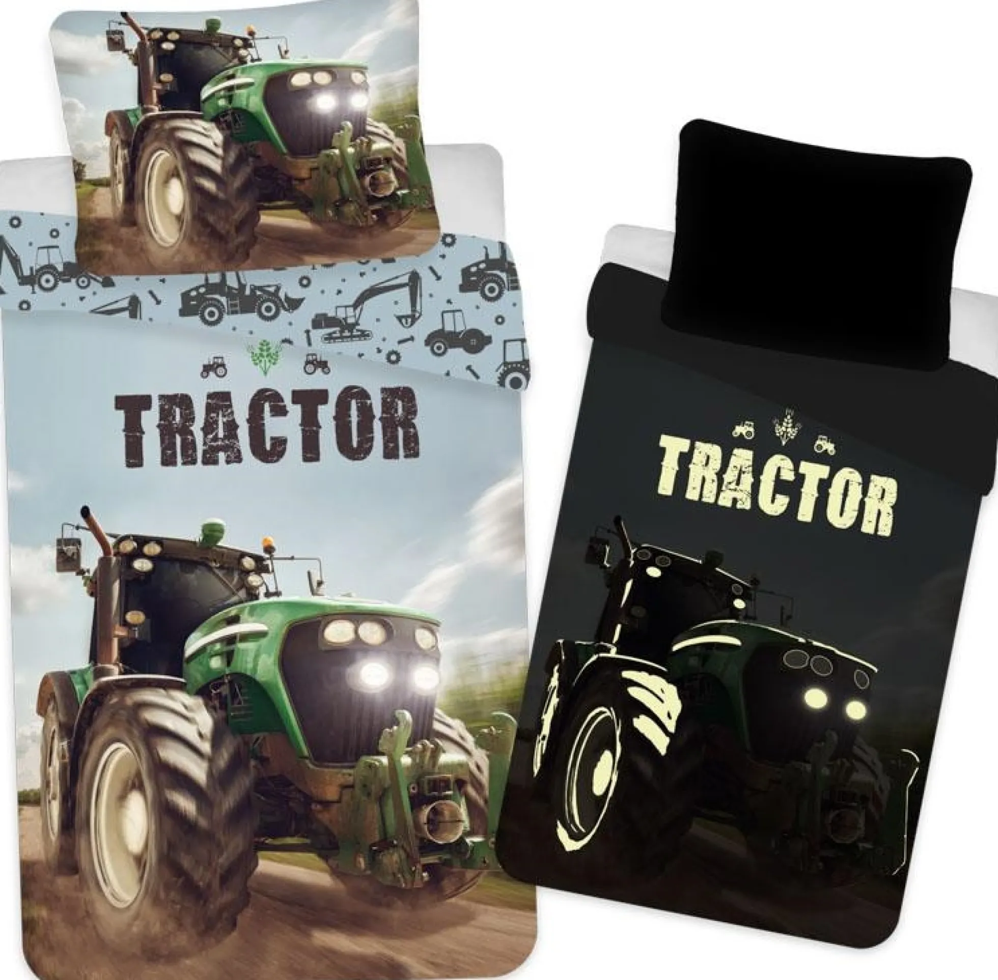 Traktor sengetøj - 140x200 cm - Flot grøn traktor - Selvlysende sengetøj til børn - 100% bomuld