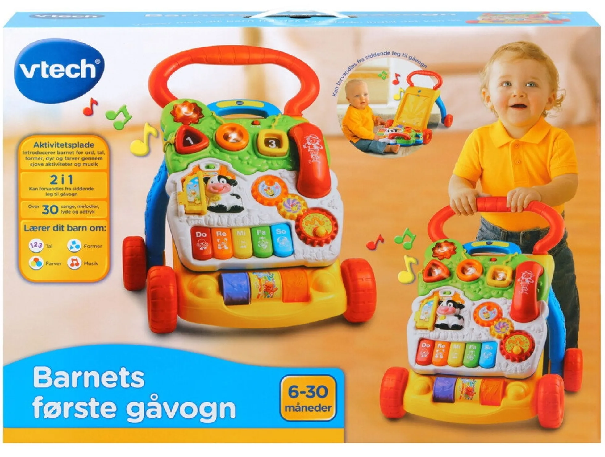 VTech Baby Barnets første gåvogn med dansk tale - 2-i-1 funktion med aktivitetscenter - 45x40 cm